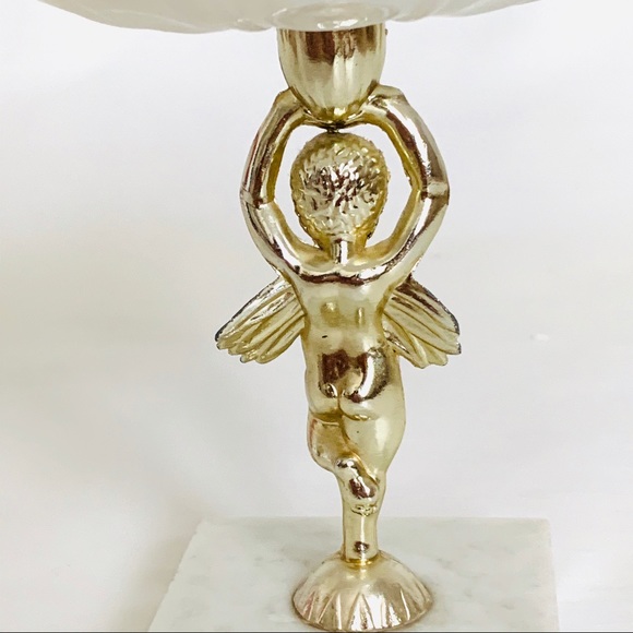 Vintage Milk Glass Dish w/Brass Cherub Marble Base - Picture 4 of 10